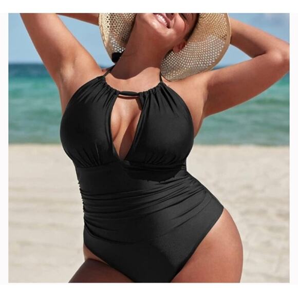 Aqua Eve Women’s Plus 20W Black One Piece Swimsuit V-Neck Halter Tummy Control - Picture 1 of 6